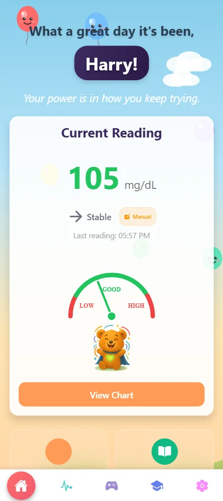 GluApp dashboard showing current glucose reading and GluBear mascot