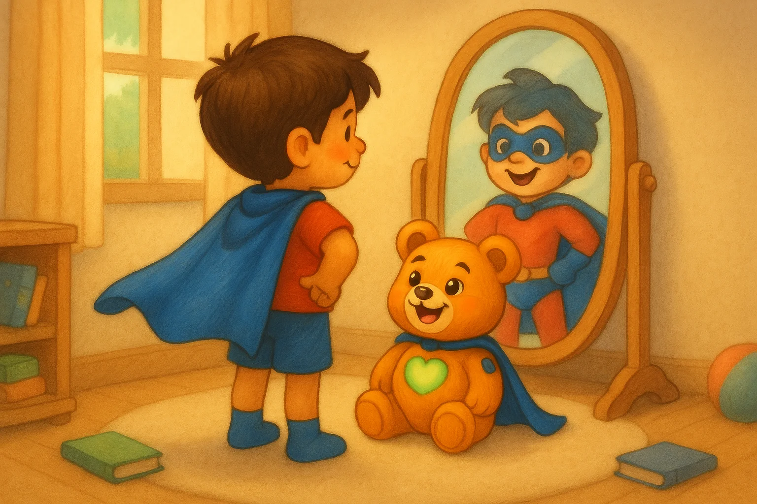 A child in a superhero cape looking in a mirror with GluBear beside them